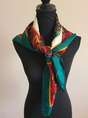 Vintage Talbots Christmas Wreath Scarf Holiday Silk Feel Square 35x35